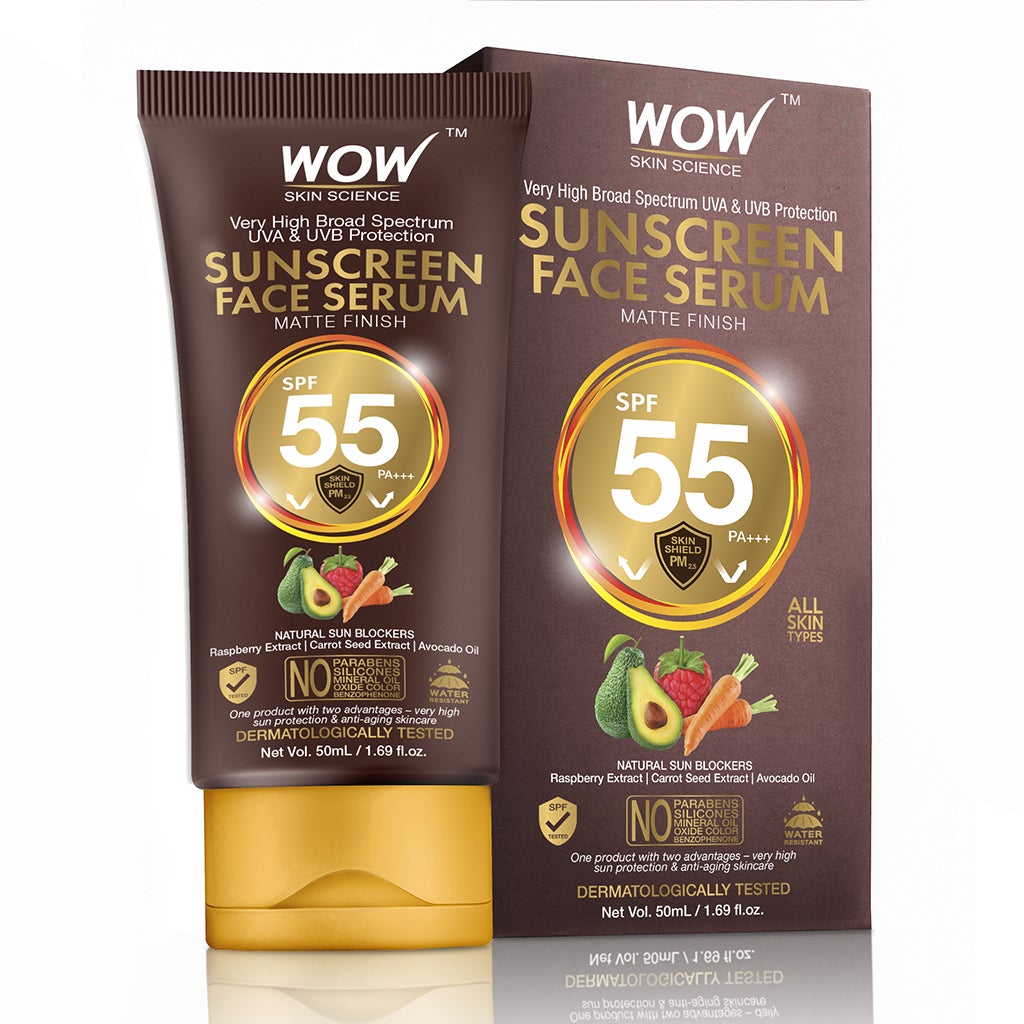 WOW Matte Finish Sunscreen Serum SPF 55 with Raspberry, Carrot Seed & Avocado Oil - No Parabens, Silicones, Mineral Oil, Oxide, Colour, Benzophenone - 50 ml