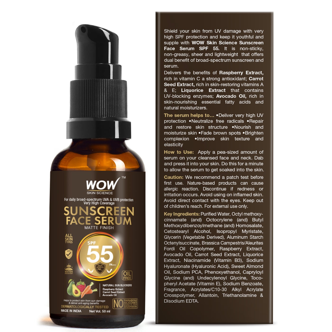 WOW Matte Finish Sunscreen Face Serum SPF 55 with Raspberry, Carrot Seed & Avocado Oil - OIL FREE - No Parabens, Silicones, Mineral Oil, Oxide, Colour, Benzophenone - 50mL