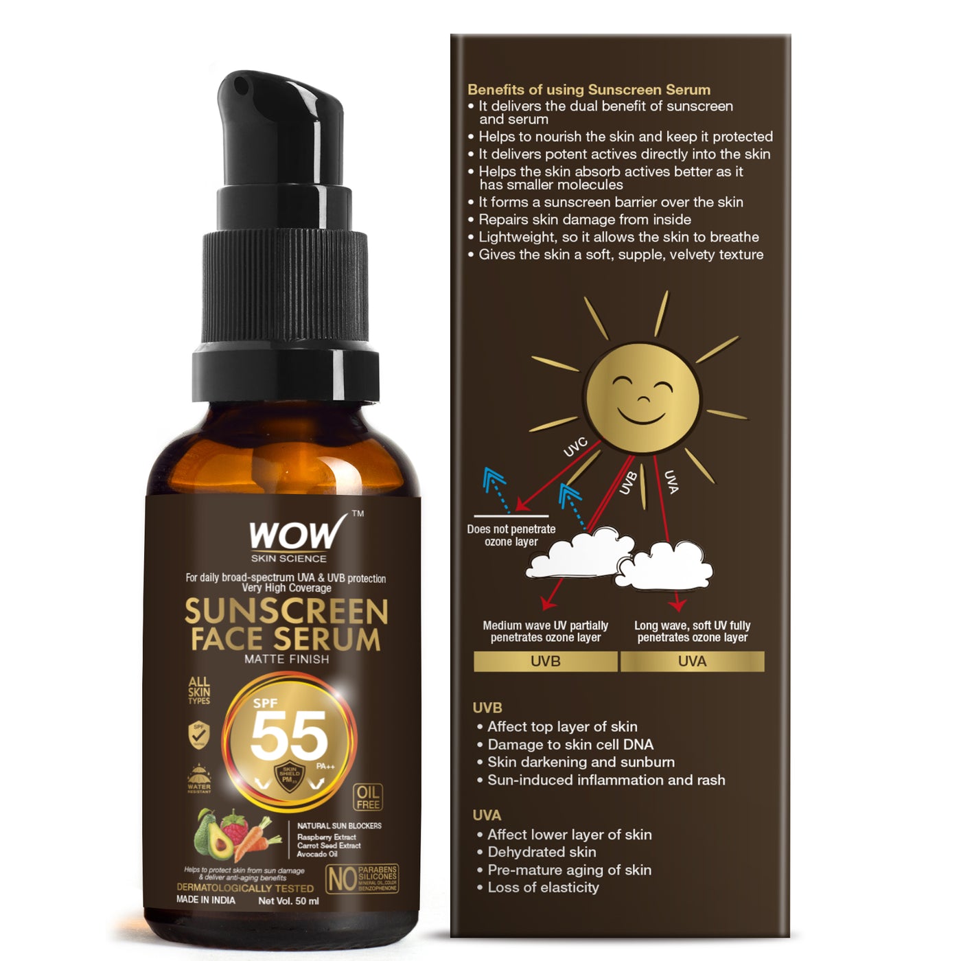 WOW Matte Finish Sunscreen Face Serum SPF 55 with Raspberry, Carrot Seed & Avocado Oil - OIL FREE - No Parabens, Silicones, Mineral Oil, Oxide, Colour, Benzophenone - 50mL