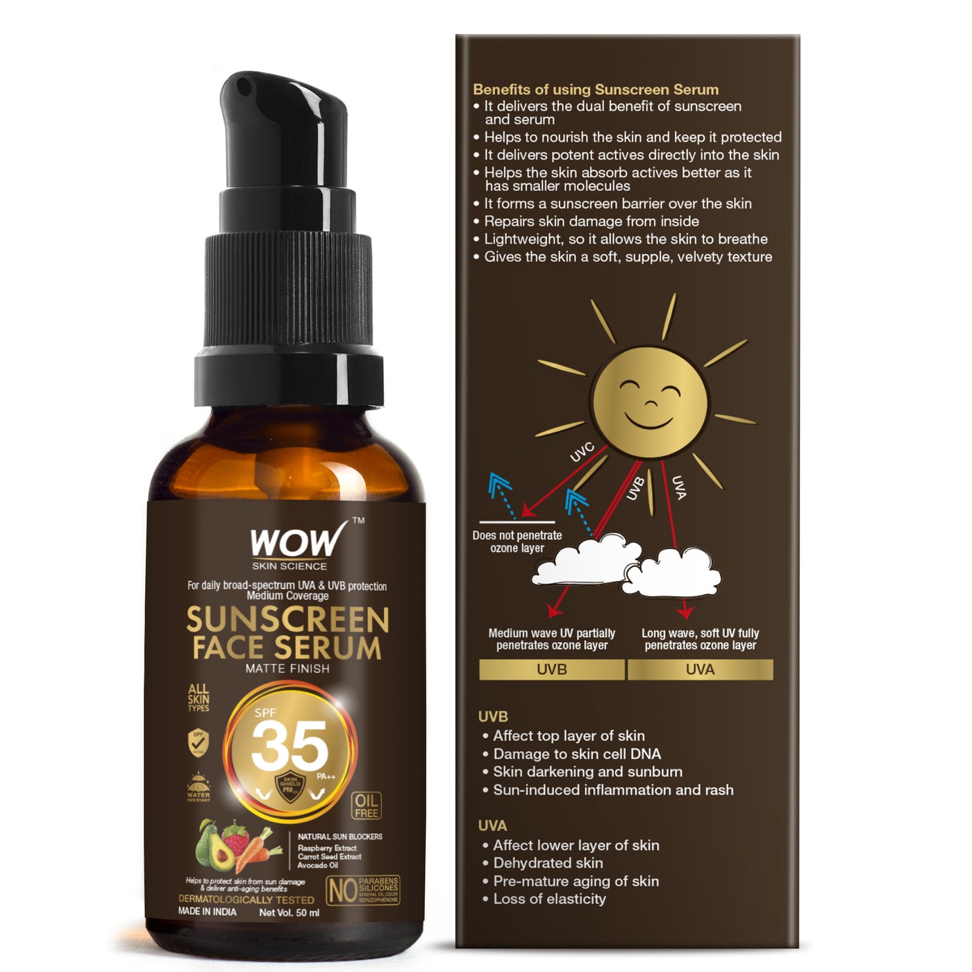 WOW Matte Finish Sunscreen Face Serum SPF 35 with Raspberry, Carrot Seed & Avocado Oil - OIL FREE - No Parabens, Silicones, Mineral Oil, Oxide, Colour, Benzophenone - 50mL