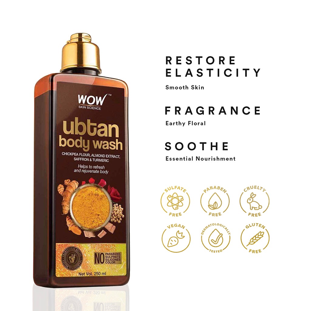 WOW Ubtan Body Wash with Chickpea Flour, Almond Extract, Saffron & Turmeric Extracts - No Sulphate, Parabens, Silicones & Color - 250 ml