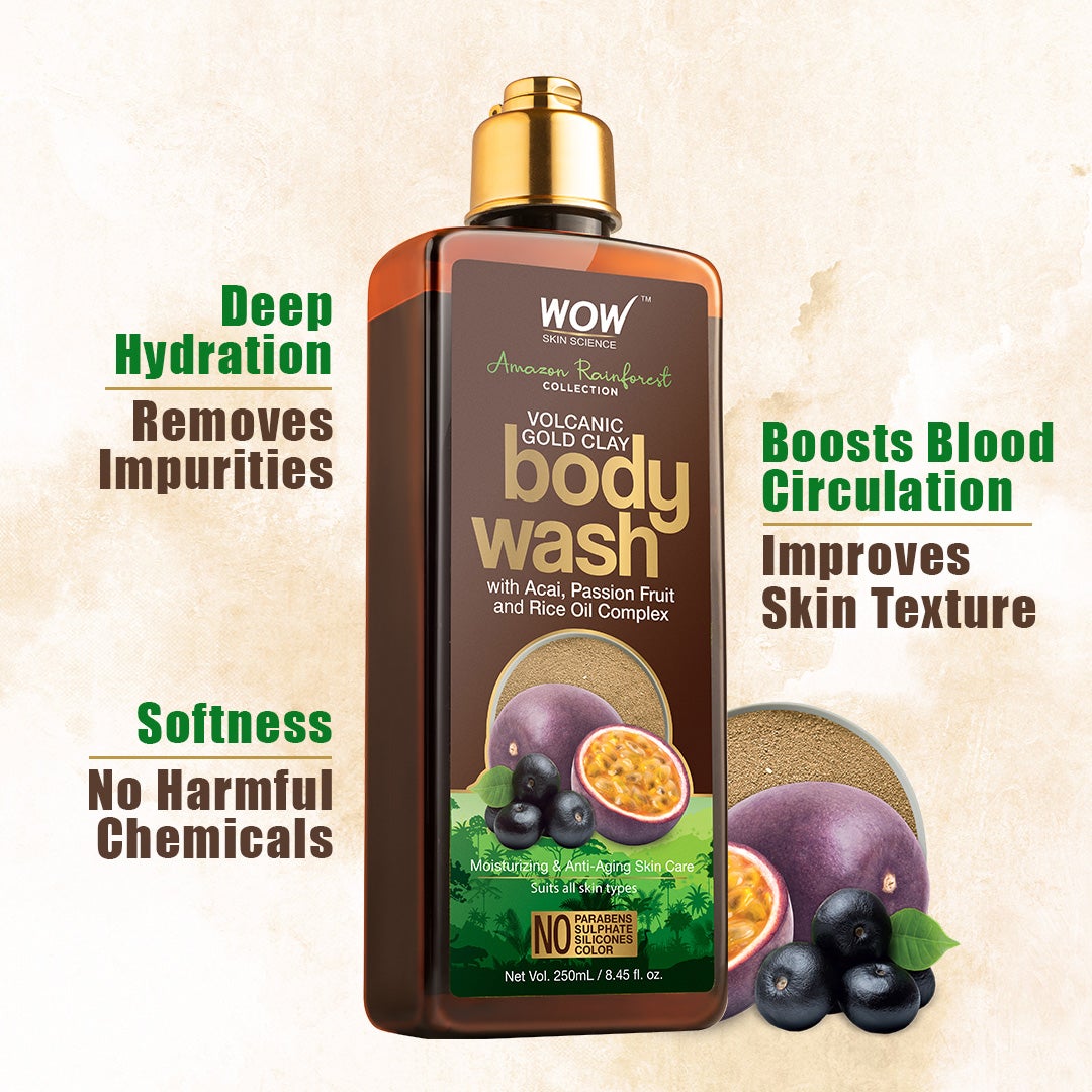 WOW Amazon Rainforest Collection - Volcanic Gold Clay Shower Gel (With Acai, Passion Fruit and Rice Oil Complex) - No Parabens, Sulphate, Silicones and Color - 250 ml