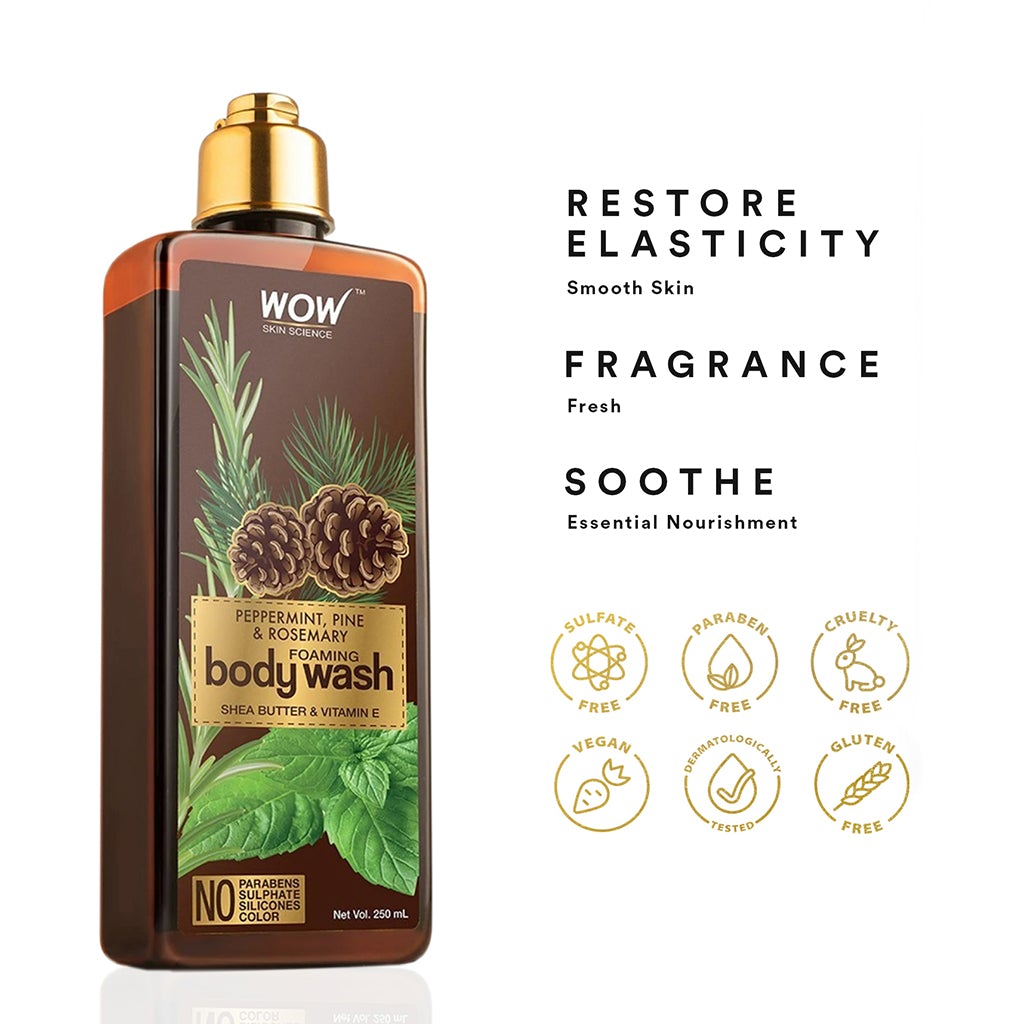 WOW Peppermint, Pine & Rosemary Foaming Body Wash - No Parabens, Sulphate, Silicones & Color - 250 ml