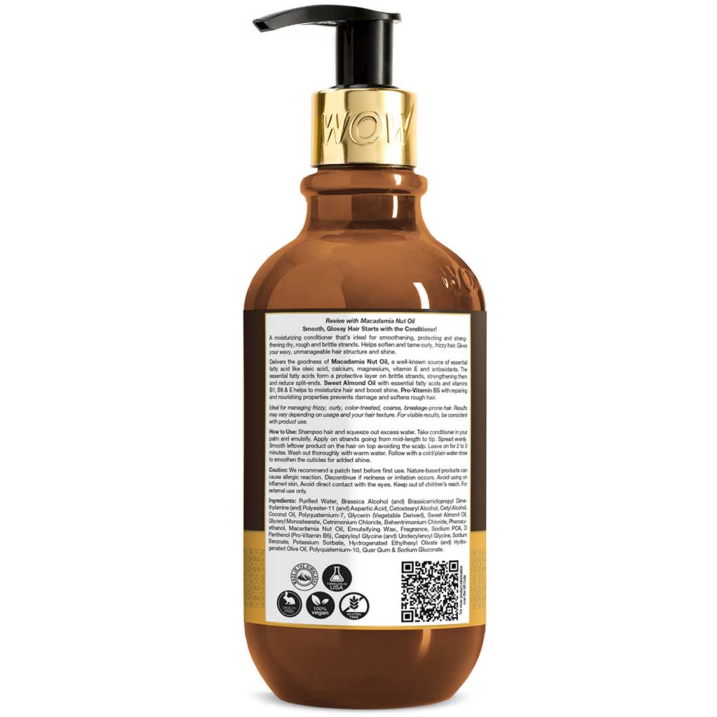 WOW Macadamia Nut Oil Conditioner - Deeply Rejuvenating - Softening & Smoothening Care - No Mineral Oil, Parabens, Silicones & Color - 300ml