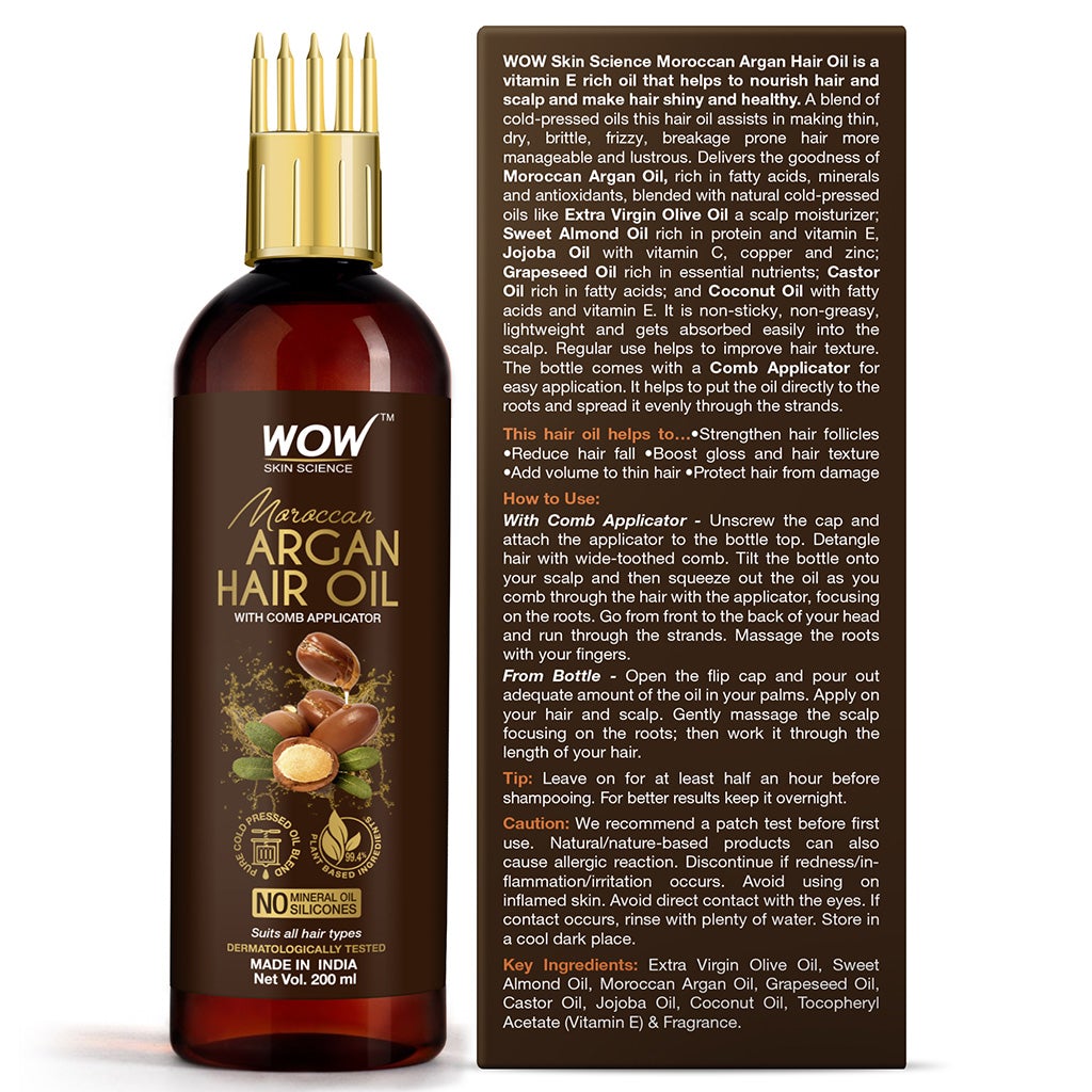 WOW Moroccan Argan Hair Oil - WITH COMB APPLICATOR - Cold Pressed - No Mineral Oil & Silicones - 200 ml