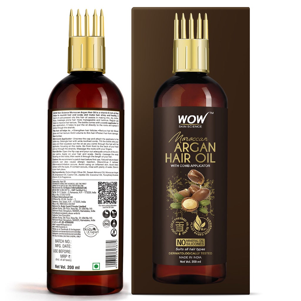 WOW Moroccan Argan Hair Oil - WITH COMB APPLICATOR - Cold Pressed - No Mineral Oil & Silicones - 200 ml