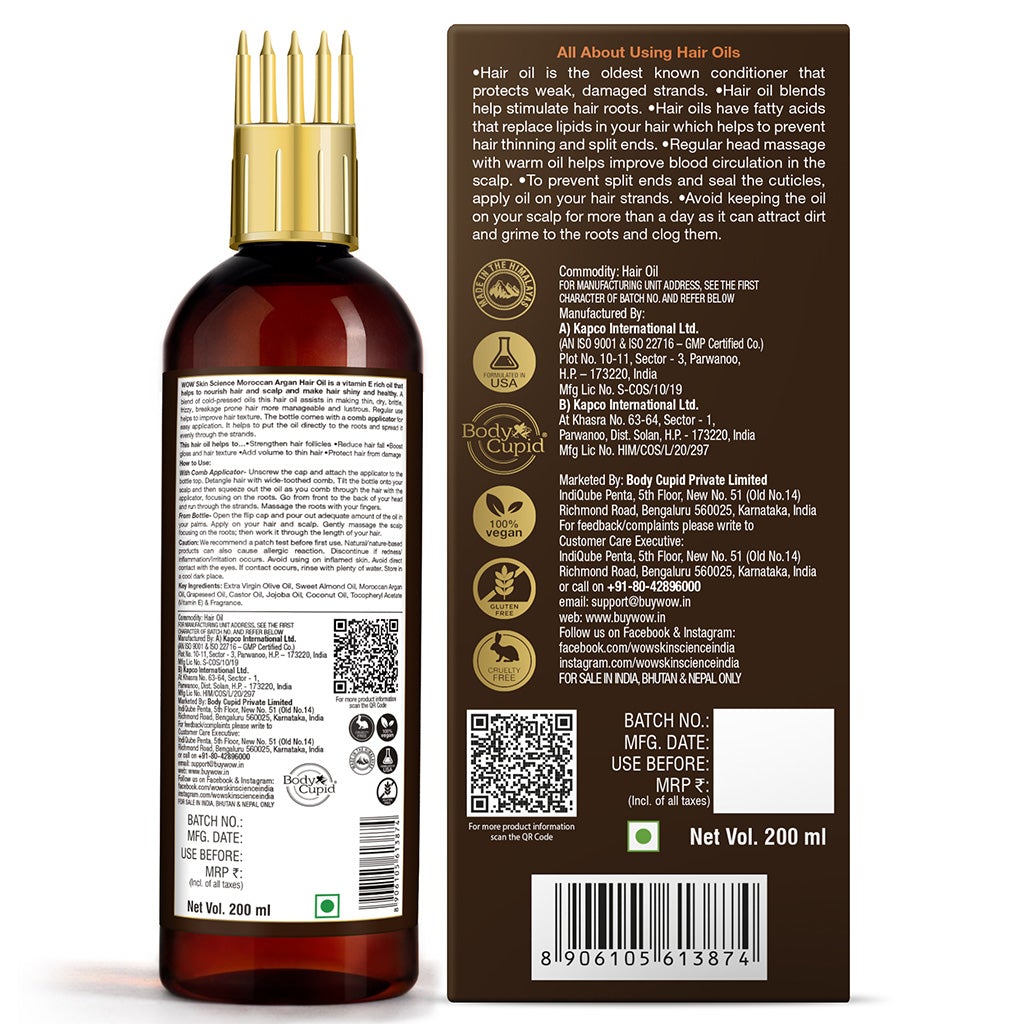 WOW Moroccan Argan Hair Oil - WITH COMB APPLICATOR - Cold Pressed - No Mineral Oil & Silicones - 200 ml
