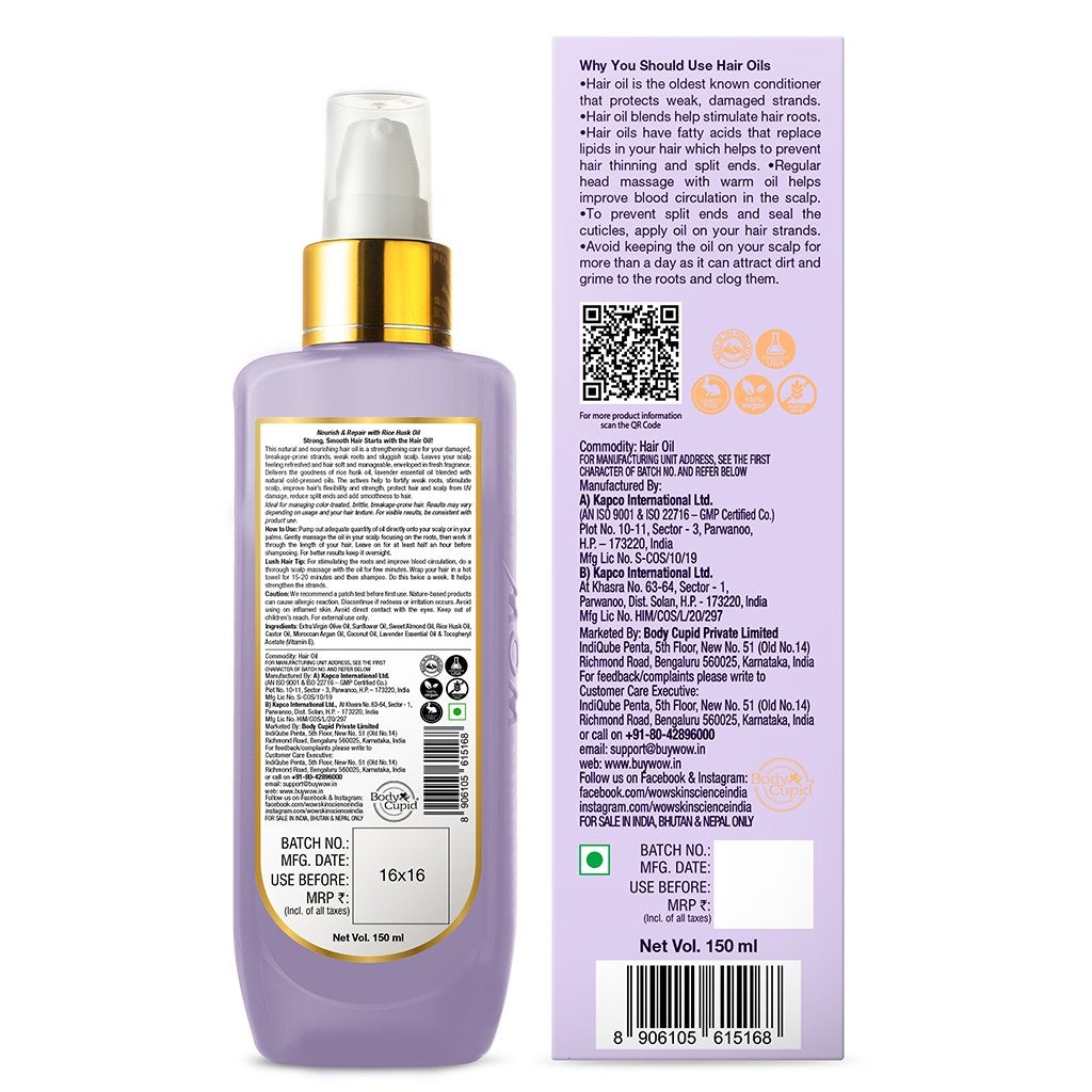 WOW Rice Hair Oil With Rice Husk & Lavender Oil - No Mineral Oil, Silicones & Synthetic Fragrance - 150mL