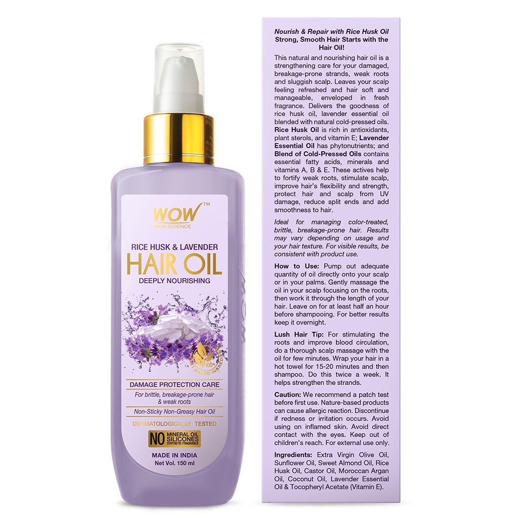 WOW Rice Hair Oil With Rice Husk & Lavender Oil - No Mineral Oil, Silicones & Synthetic Fragrance - 150mL